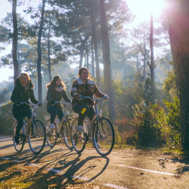 3 filles sont en train de se balader à vélos en automnes dans une forêt.
