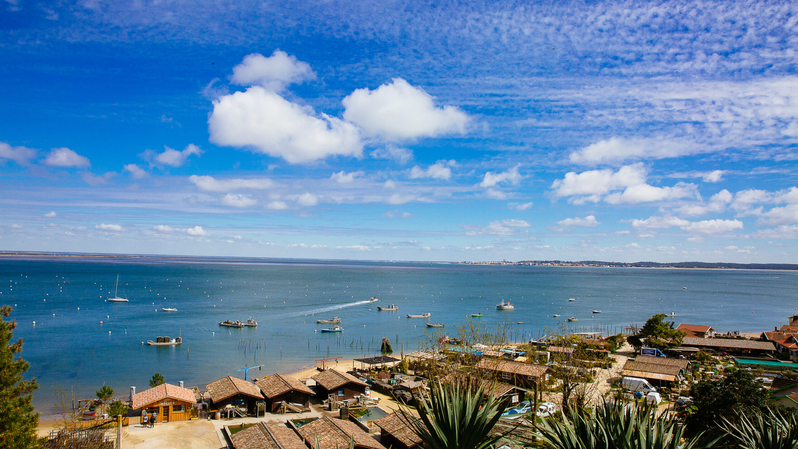Vue sur le village de l'Herbe avec des cabanes de pêches et le bassin en fond.