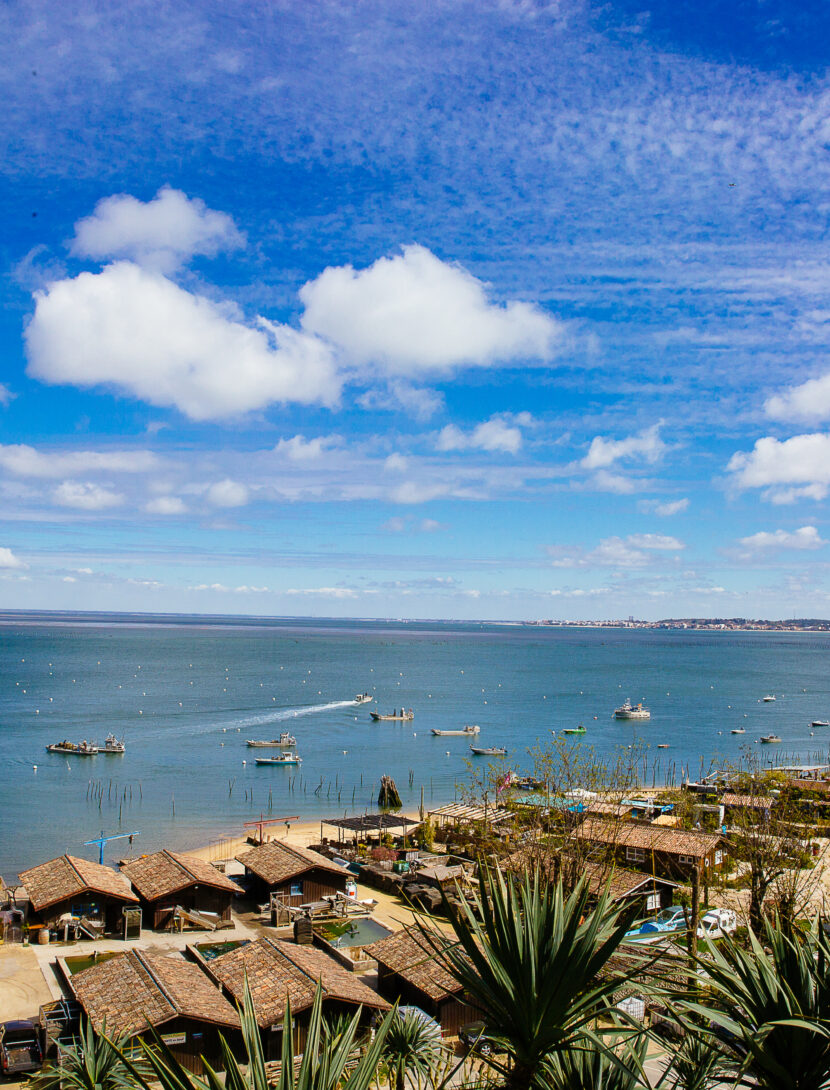 Vue sur le village de l'Herbe avec des cabanes de pêches et le bassin en fond.